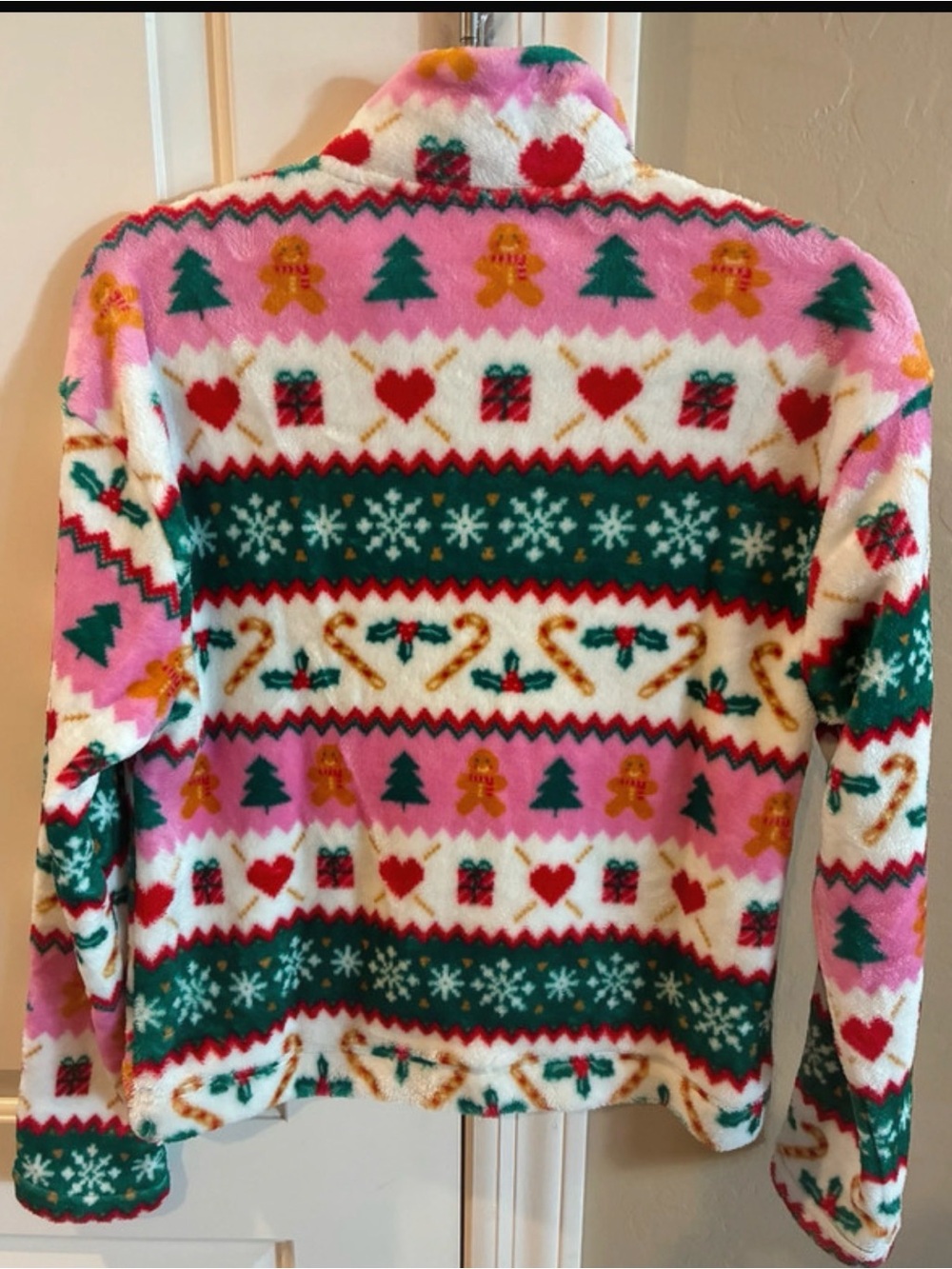 Holiday Fleece Sweater Jacket - Pink/Green Pattern